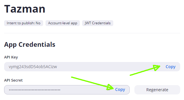 הגדרות API של אפליקציה בZOOM לשימוש בתוך Tazman